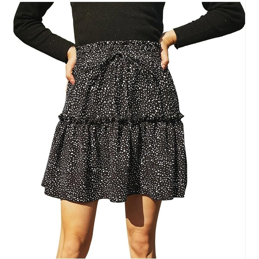 Fashion Tiered Skirt A line High Waist Black Polka Dot Preppy Academia College
